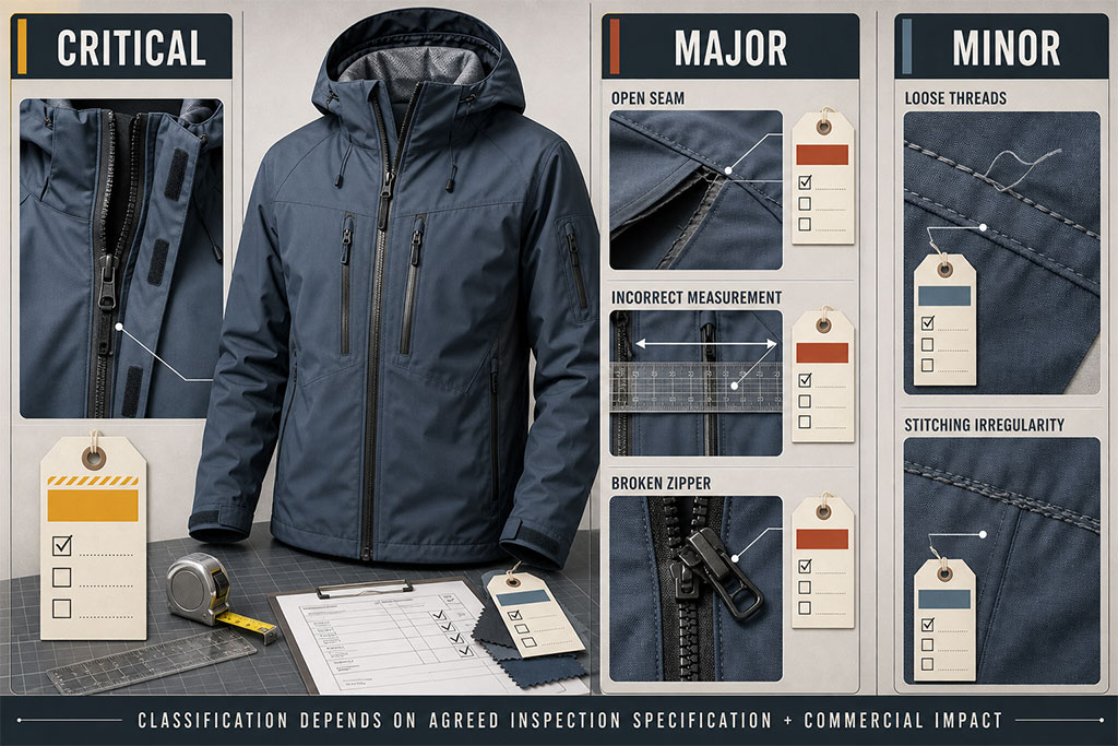 visual guide classifying apparel defects into three categories: Critical, Major, and Minor. The image displays specific examples for each level, such as safety hazards for Critical issues, functional failures like broken zippers or open seams for Major defects, and cosmetic flaws like loose threads or stitching irregularities for Minor defects. It emphasizes that defect classification depends on agreed inspection specifications and commercial impact.