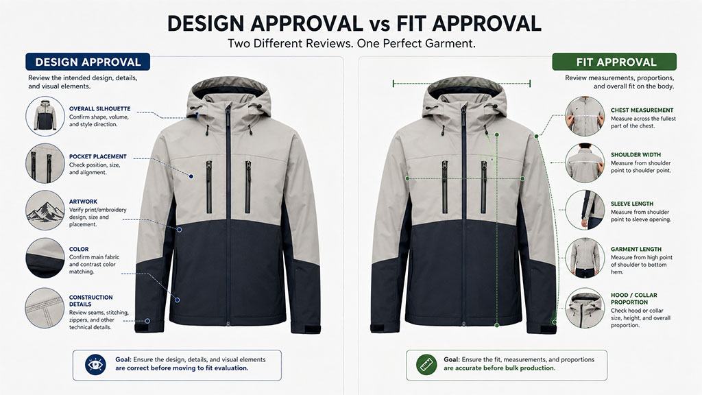 A comparison chart distinguishing Design Approval (visual elements like silhouette, color, and artwork) from Fit Approval (measurements, proportions, and comfort). Understanding both reviews is crucial for achieving a perfect garment before bulk production.