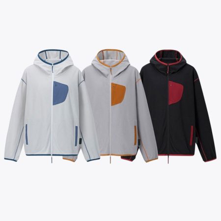 Lightweight thermal outdoor sports fleece jackets in white, gray and black with hooded design, contrast trim and zip pockets