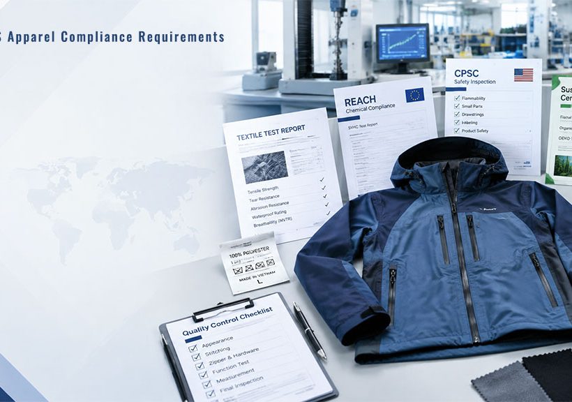 EU vs US apparel compliance overview showing REACH, CPSC, textile test reports, sustainability certification and quality control