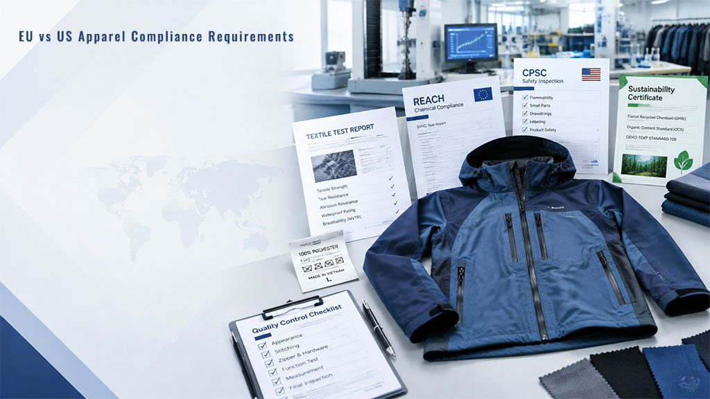 EU vs US apparel compliance overview showing REACH, CPSC, textile test reports, sustainability certification and quality control