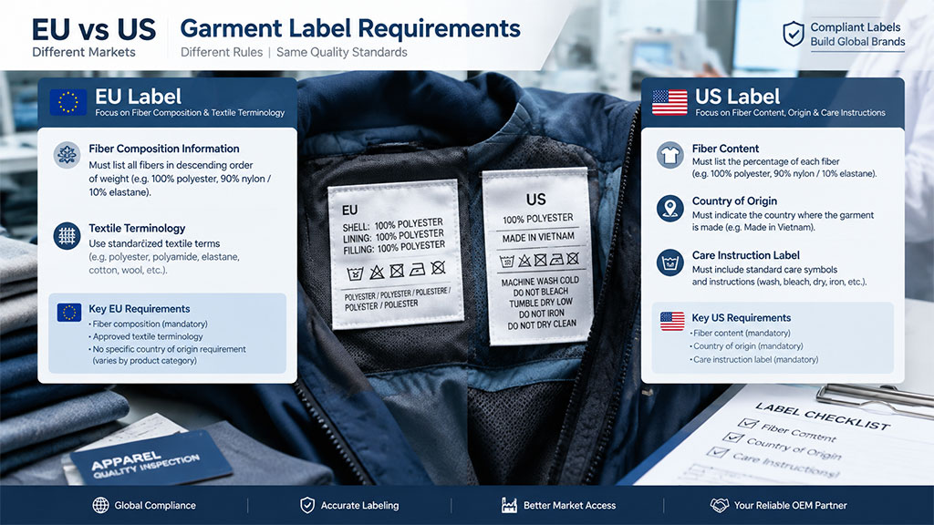 EU vs US garment label requirements showing fiber composition, textile terminology, country of origin and care instructions