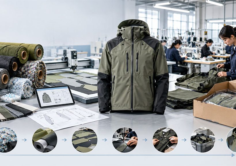 Flowchart illustrating the eco-friendly apparel manufacturing process, covering steps from sourcing recycled fabrics and digital pattern making to automated cutting, sustainable sewing, and final quality inspection.