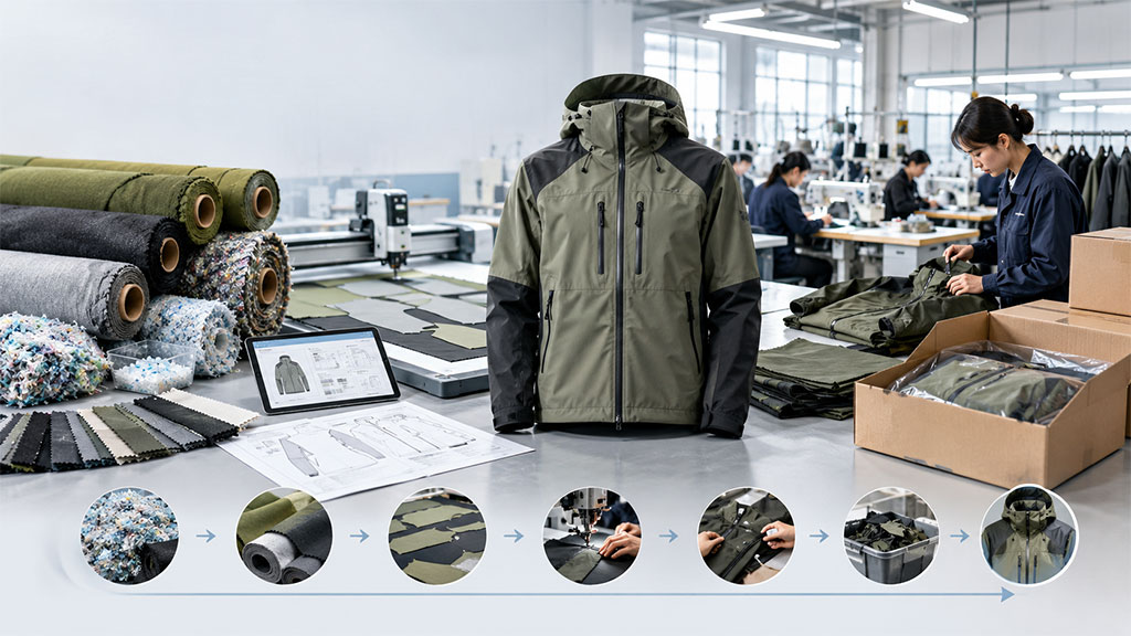 Flowchart illustrating the eco-friendly apparel manufacturing process, covering steps from sourcing recycled fabrics and digital pattern making to automated cutting, sustainable sewing, and final quality inspection.