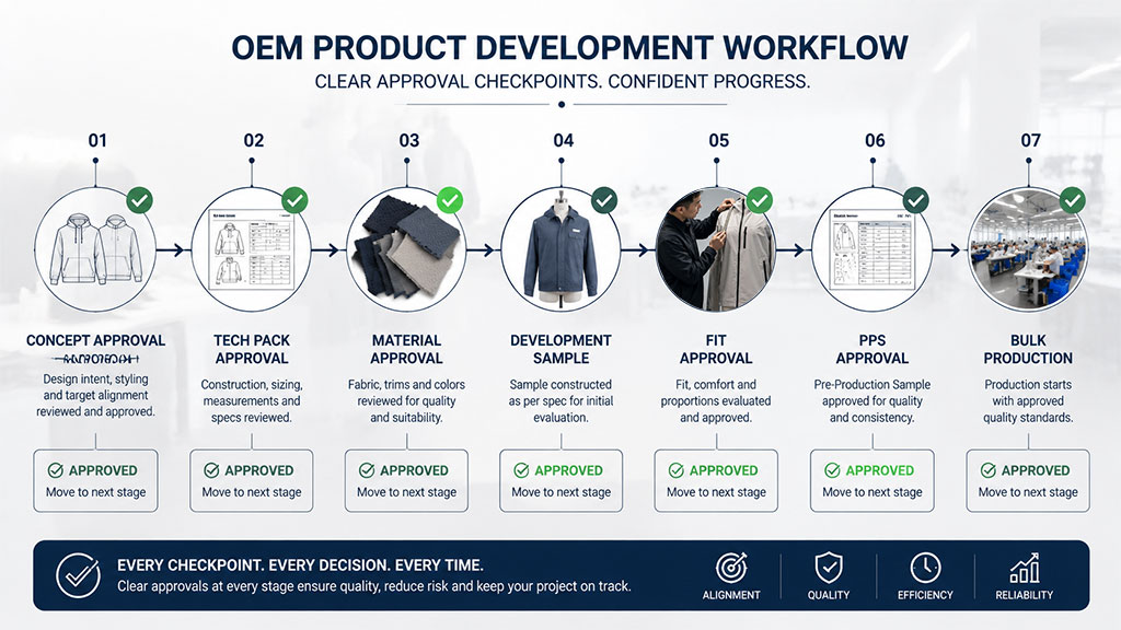 A comprehensive 7-step OEM workflow diagram illustrating critical approval checkpoints from Concept and Tech Pack to Bulk Production. Establishing clear milestones at every stage—Material, Development, Fit, and PPS—ensures alignment, minimizes risks, and guarantees consistent quality throughout the manufacturing process.