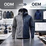 Comparison chart illustrating the transition from ODM standard solutions, featuring factory samples and basic patterns, to OEM custom brand products, including technical jackets, professional tech packs, and garment engineering drawings for personalized manufacturing.