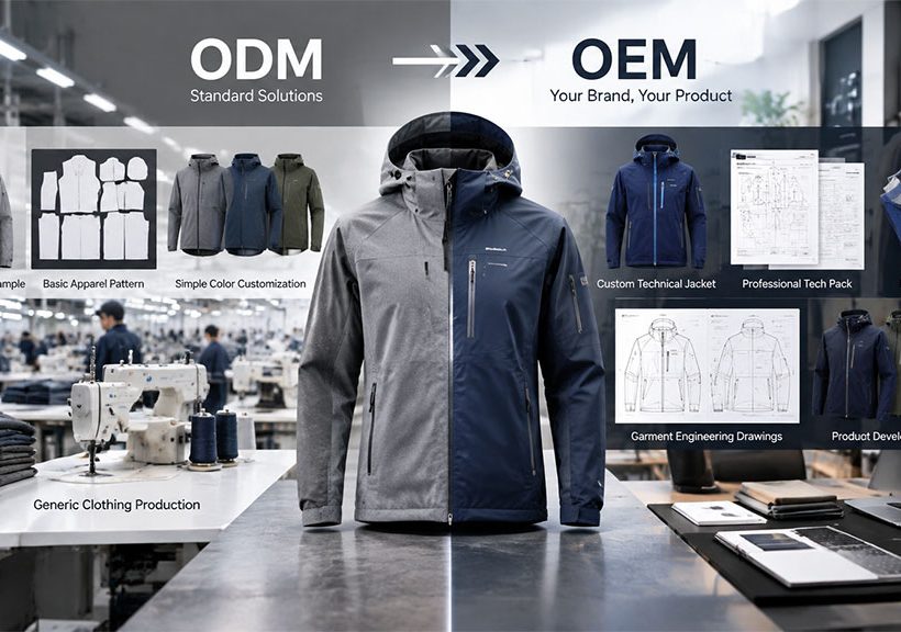 Comparison chart illustrating the transition from ODM standard solutions, featuring factory samples and basic patterns, to OEM custom brand products, including technical jackets, professional tech packs, and garment engineering drawings for personalized manufacturing.