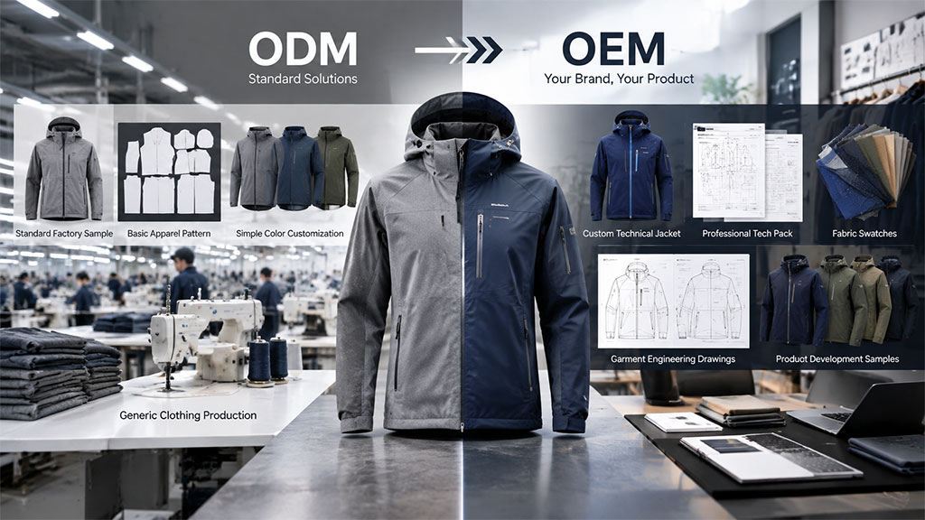 Comparison chart illustrating the transition from ODM standard solutions, featuring factory samples and basic patterns, to OEM custom brand products, including technical jackets, professional tech packs, and garment engineering drawings for personalized manufacturing.