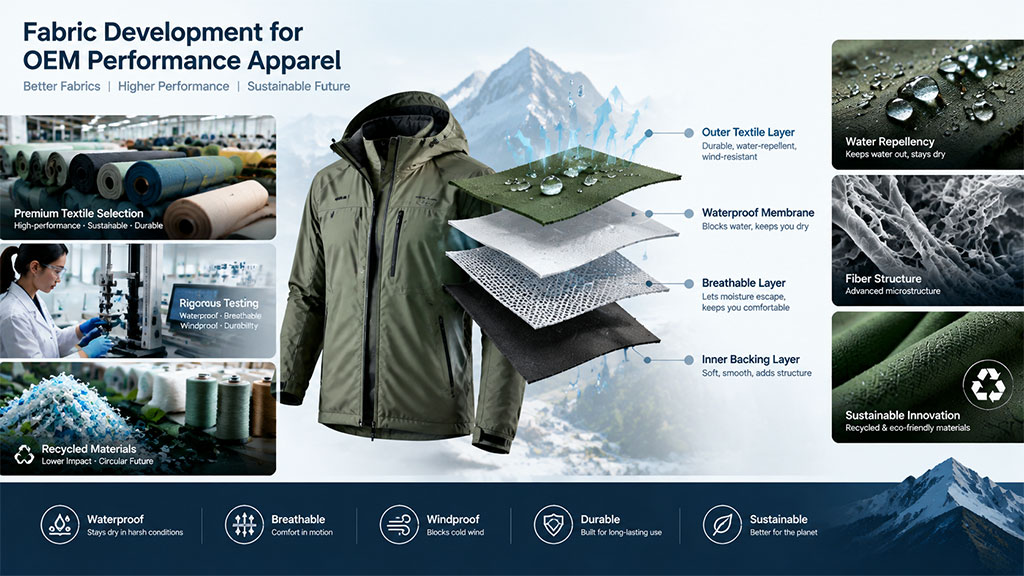 Fabric development and performance testing for OEM performance apparel, including waterproof membrane structure, breathable layers, recycled materials, and rigorous lab testing.