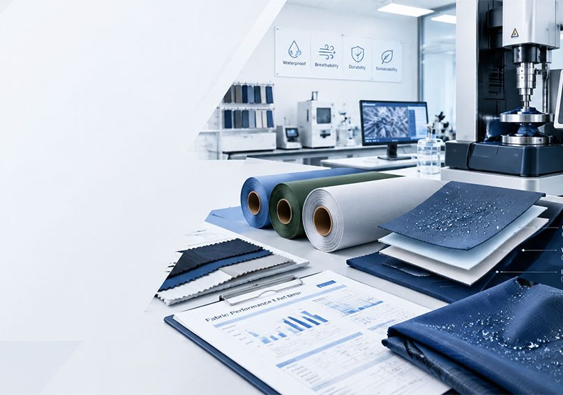 Fabric lab testing for OEM apparel production showing waterproof, breathable and durable fabric samples, testing equipment and performance reports