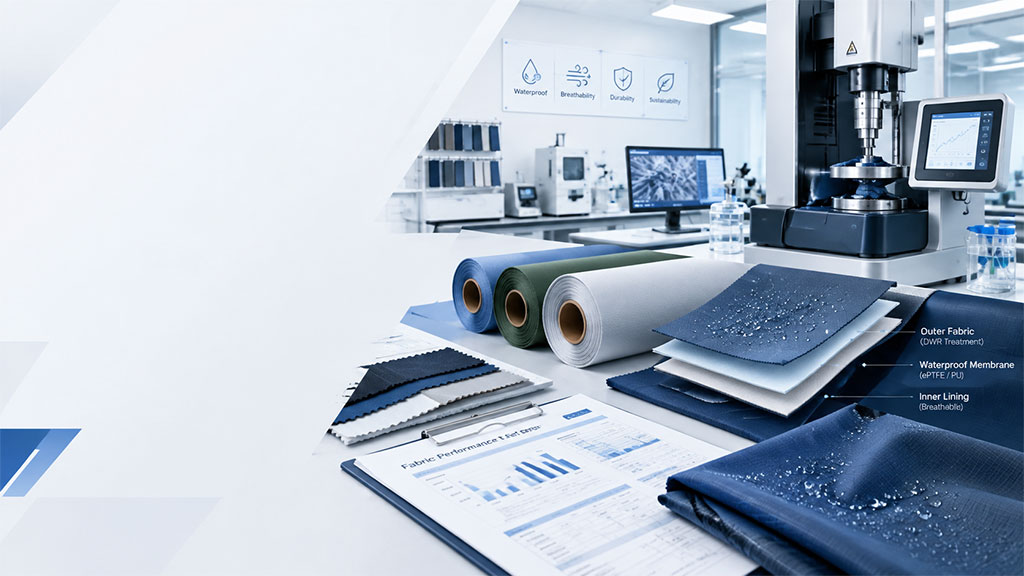 Fabric lab testing for OEM apparel production showing waterproof, breathable and durable fabric samples, testing equipment and performance reports