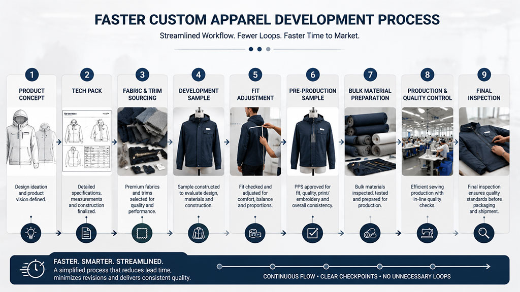 A streamlined 9-step custom apparel workflow designed to minimize unnecessary revisions and reduce lead time. From Product Concept to Final Inspection, this continuous flow features clear checkpoints—such as Fit Adjustment and PPS—to ensure quality consistency and accelerate time-to-market.