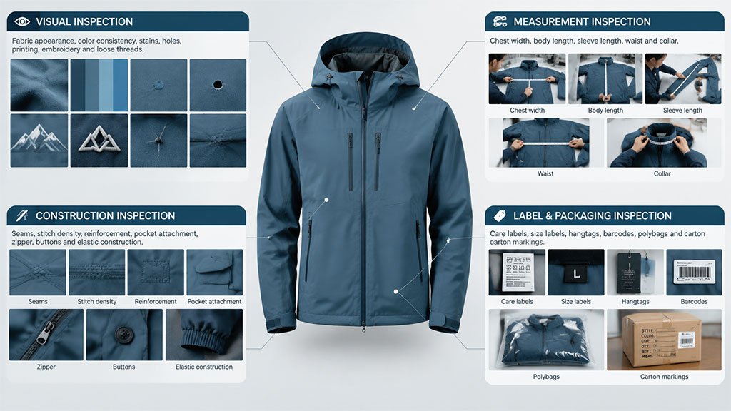 A comprehensive diagram of finished garment inspection, centering on a blue jacket with four key inspection dimensions radiating outward. It details Visual Inspection for fabric flaws, Measurement Inspection for sizing accuracy (chest, length, sleeve), Construction Inspection for stitching and hardware quality, and Label & Packaging Inspection for compliance. This visual guide covers the complete quality control checklist required before shipment.