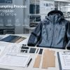 OEM apparel sampling process from design concept to production-ready sample, showing tech packs, fabric swatches, and fit testing steps.