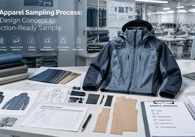 OEM apparel sampling process from design concept to production-ready sample, showing tech packs, fabric swatches, and fit testing steps.