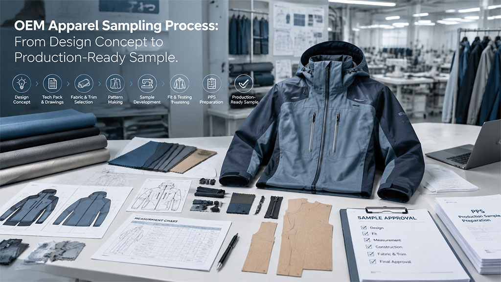 OEM apparel sampling process from design concept to production-ready sample, showing tech packs, fabric swatches, and fit testing steps.