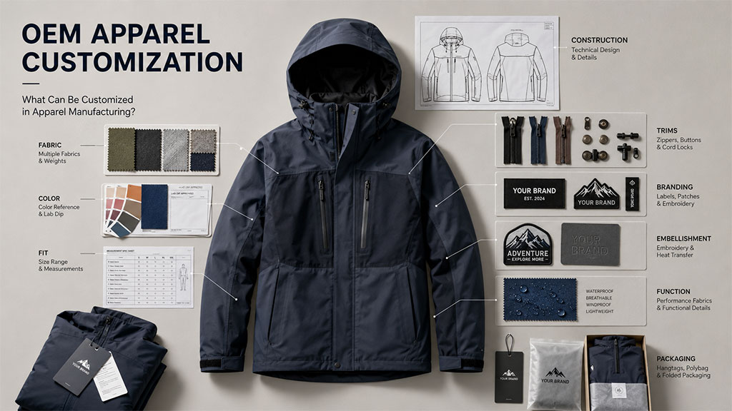 OEM apparel customization options from fabric and garment construction to branding, finishing and packaging