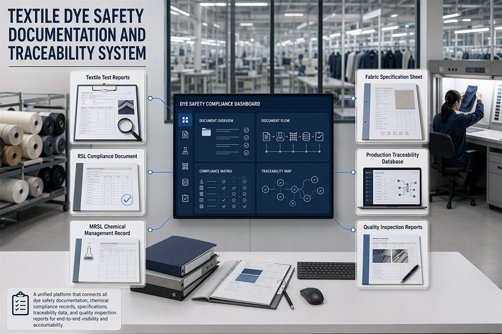 Textile dye safety documentation and traceability system showing color compliance records, fabric specifications and production quality tracking