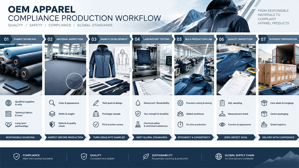 OEM apparel compliance workflow showing fabric sourcing, material inspection, sample development, lab testing, bulk production and quality inspection