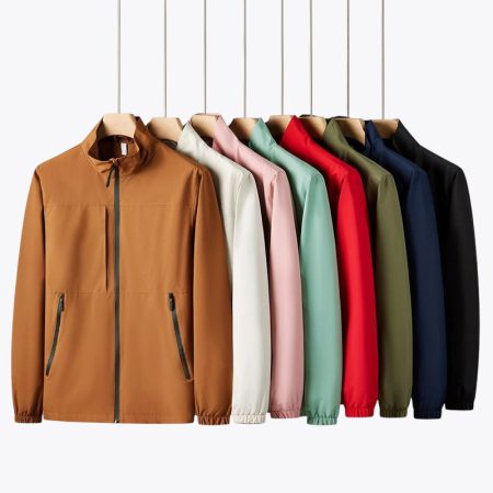Front view of the lightweight full zip-up stand collar jacket in multiple colors, featuring a smooth woven shell, stand collar, full front zip, zippered side pockets, and elastic cuffs. Custom fabric, fit, and private label options available.