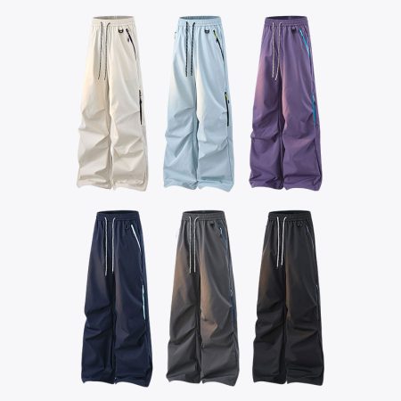 Beige, light blue, purple, navy, grey, and black water-repellent straight-leg sports pants with drawstring waist and zippered pockets by Simmerui