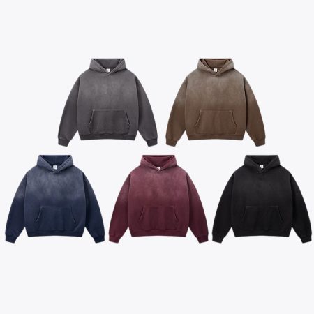Boxy fit heavyweight fleece-lined hoodies in gray, brown, navy, burgundy and black with kangaroo pockets and ribbed cuffs