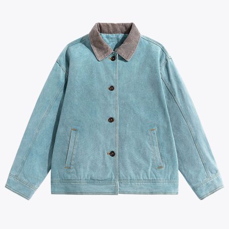Front view of the malachite green washed canvas Detroit jacket featuring a corduroy contrast collar, button-front closure, and side pockets. Custom fabric, fit, and private label options available.