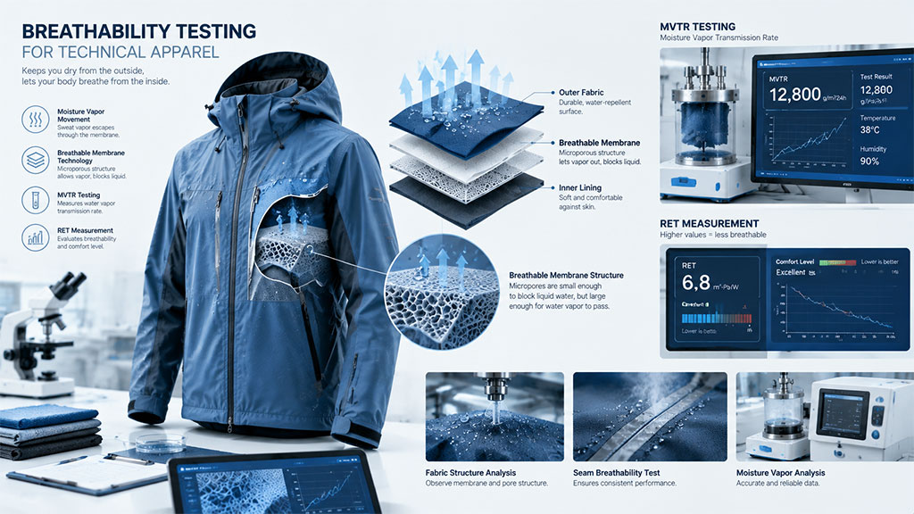 Optimize comfort with precise breathability testing. We measure MVTR (12,800 g/m²/24h) and RET values to ensure sweat escapes while keeping rain out.