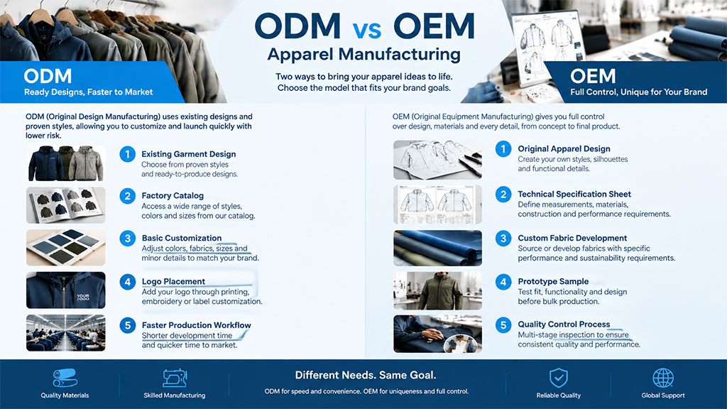 Comparison infographic illustrating the differences between ODM and OEM apparel manufacturing, covering ODM features like existing designs and faster workflows, versus OEM capabilities including original design creation, custom fabric development, and technical specification control.
