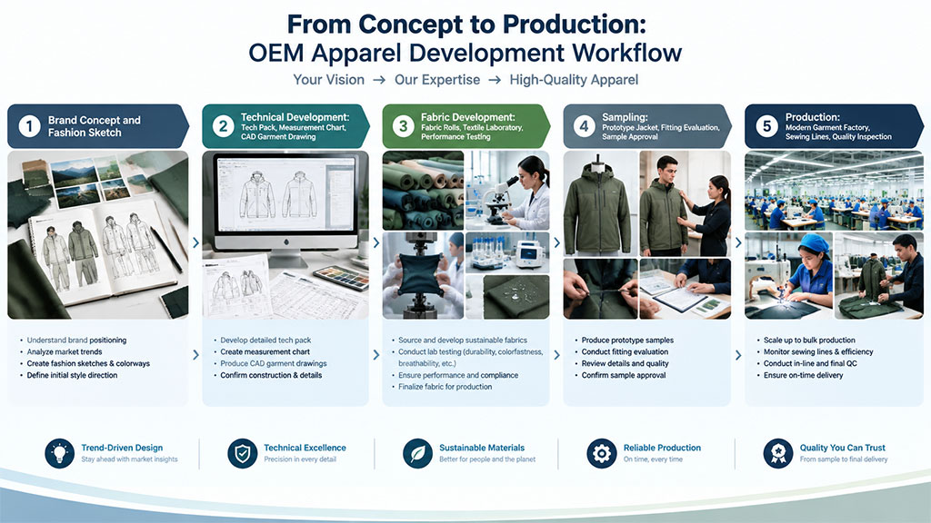 Flowchart illustrating the OEM apparel development process timeline, covering 5 key stages: brand concept and fashion sketching, technical development with CAD drawings, sustainable fabric sourcing and lab testing, prototype sampling and fitting evaluation, and final bulk production with quality inspection.
