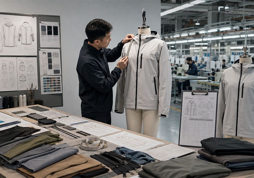Visualizing the OEM apparel development workflow: from technical sketches and fabric sourcing to pattern making and sample fitting. Our team ensures precision in every step of garment manufacturing.