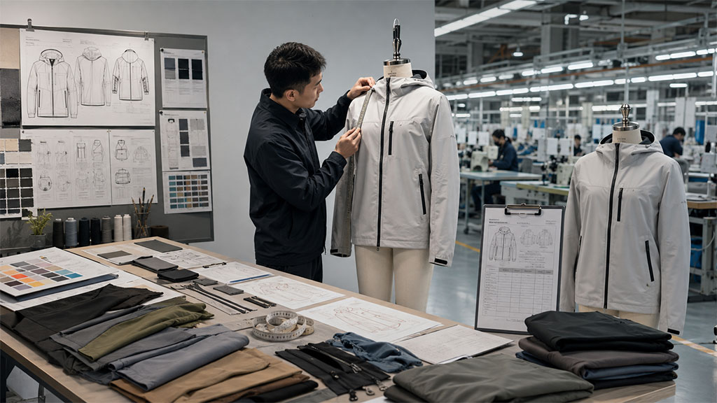 Visualizing the OEM apparel development workflow: from technical sketches and fabric sourcing to pattern making and sample fitting. Our team ensures precision in every step of garment manufacturing.