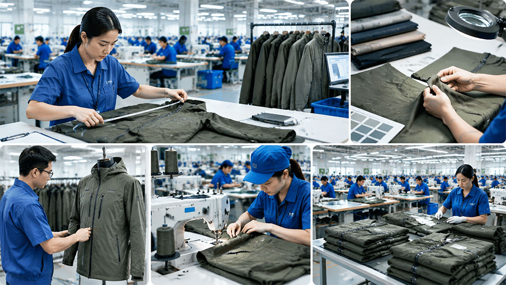 OEM quality control process for apparel manufacturing, including garment measurement, fabric inspection, sewing supervision, and final packaging checks.