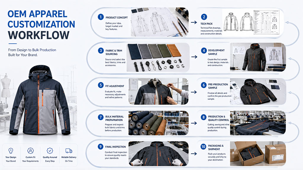 OEM apparel customization workflow from design and material development to sampling and bulk production