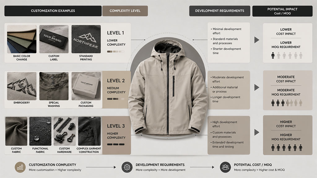 Jacket specification graphic showing how OEM customization affects cost, MOQ and production complexity
