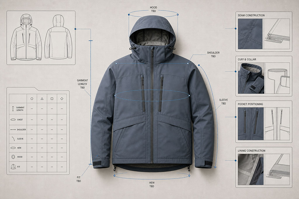 Jacket measurements and construction details representing custom garment fit development for OEM production