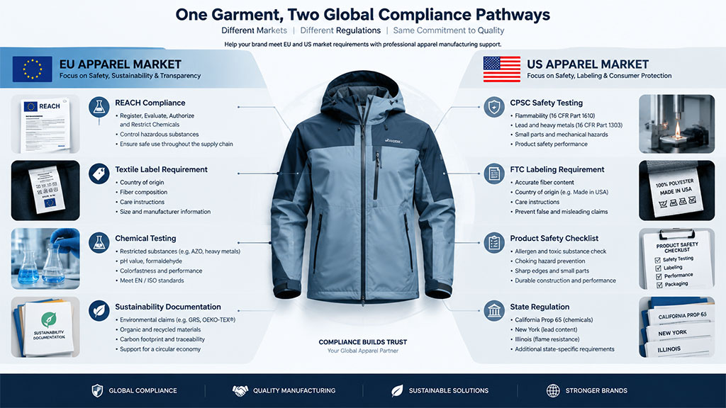 EU and US apparel compliance pathways showing REACH, CPSC, textile labeling, chemical testing and sustainability requirements