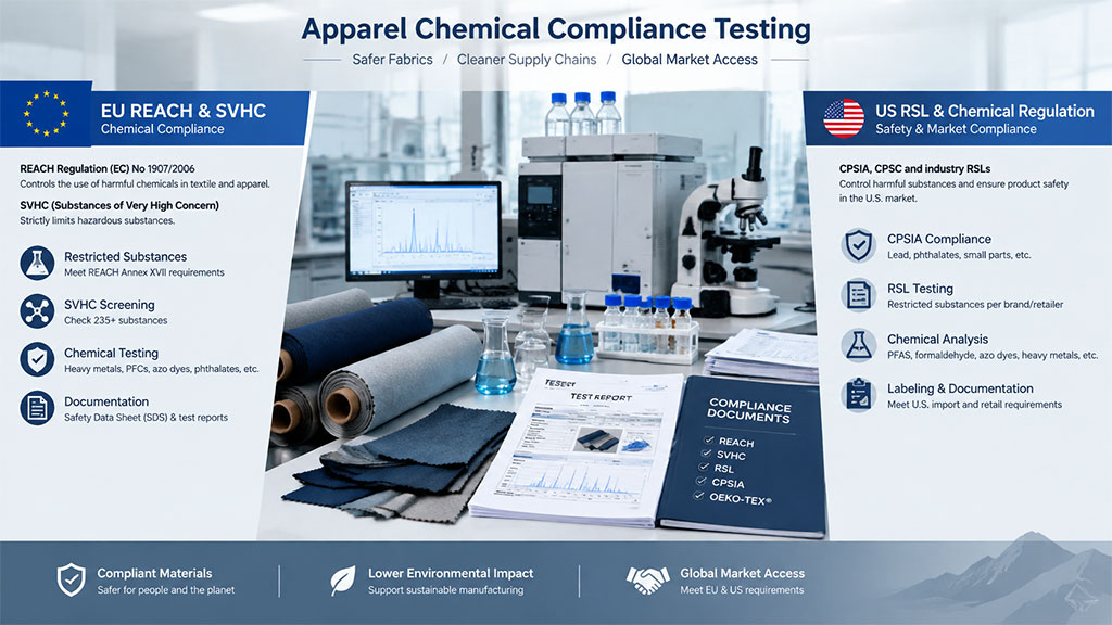 REACH and US chemical testing comparison showing restricted substances, SVHC screening, RSL testing, CPSIA compliance and test reports