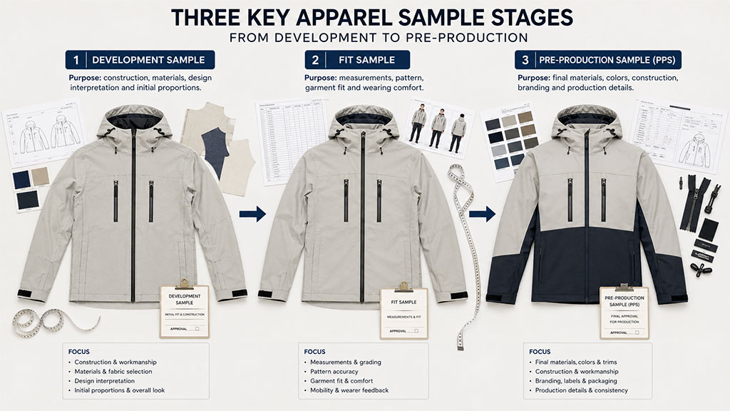 Visualizing the three key apparel sample stages: Development Sample for design interpretation, Fit Sample for measurements and comfort, and Pre-Production Sample (PPS) for final confirmation.