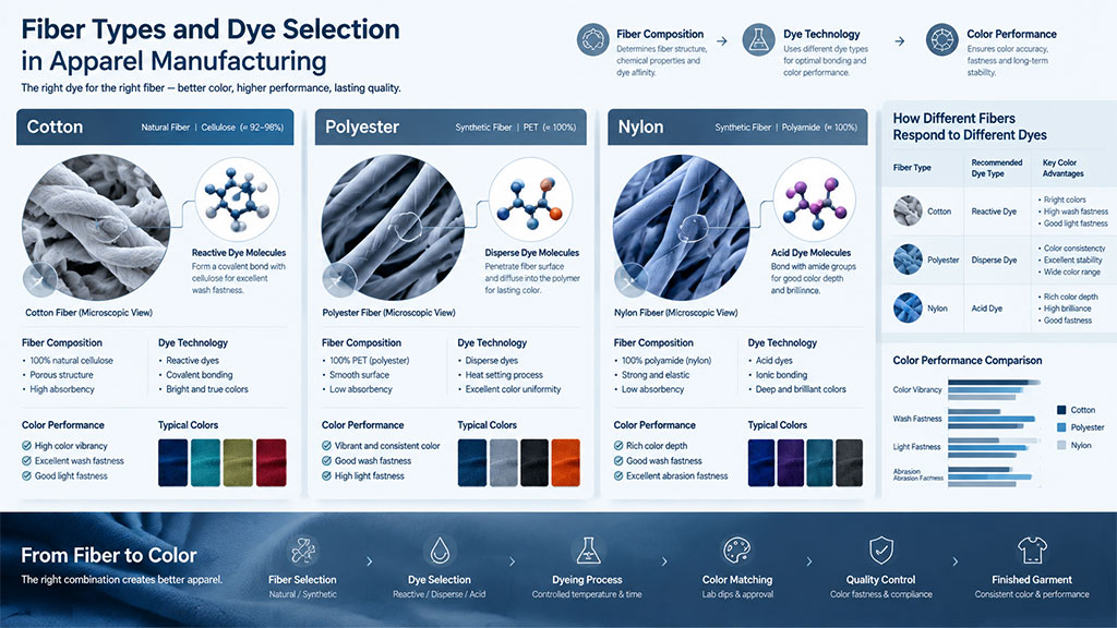 Fiber types and dye selection chart showing cotton, polyester and nylon materials, dye technologies and color performance for apparel manufacturing