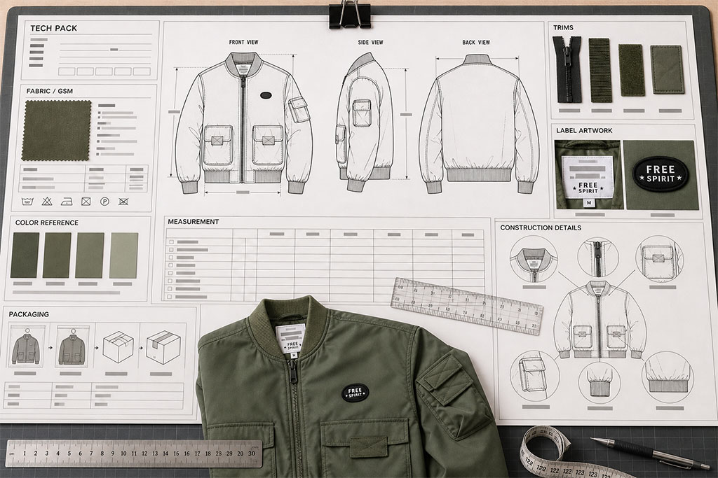 A comprehensive Tech Pack example featuring technical sketches, fabric specs, measurements, and trim details. Starting with a complete tech pack is the first step to accurate sampling and minimizing production errors in apparel manufacturing.