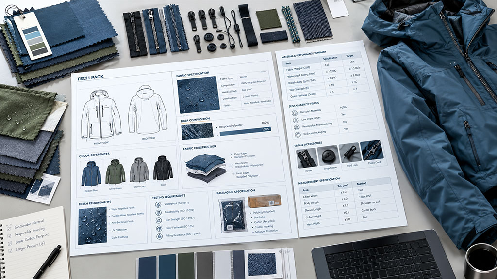 Flowchart illustrating the integration of sustainability standards into apparel tech packs, covering sections for recycled material specifications, eco-friendly testing requirements, and sustainable packaging guidelines alongside traditional construction details.