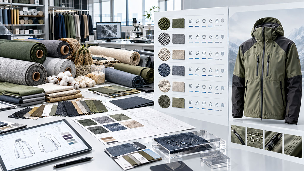 Display of sustainable fabric sourcing options featuring organic raw materials like cotton and hemp, alongside digital design tools. The setup includes functional performance testing charts for water resistance and durability, demonstrating the quality control process for eco-friendly textile selection.