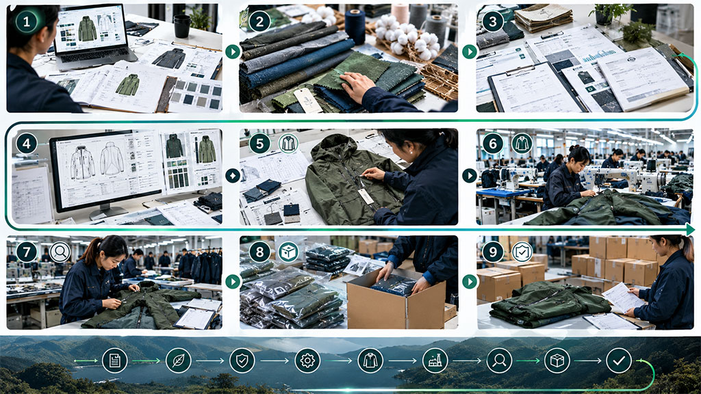 Flowchart illustrating the sustainable OEM apparel manufacturing workflow, covering steps from digital design and eco-material sourcing to production, quality control, sustainable packaging, and final shipment verification.