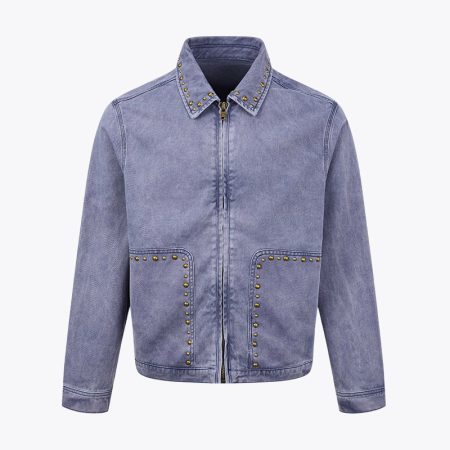 taro purple heavy-wash boxy jacket featuring metal studs on collar and pockets, vintage denim style by Simmerui