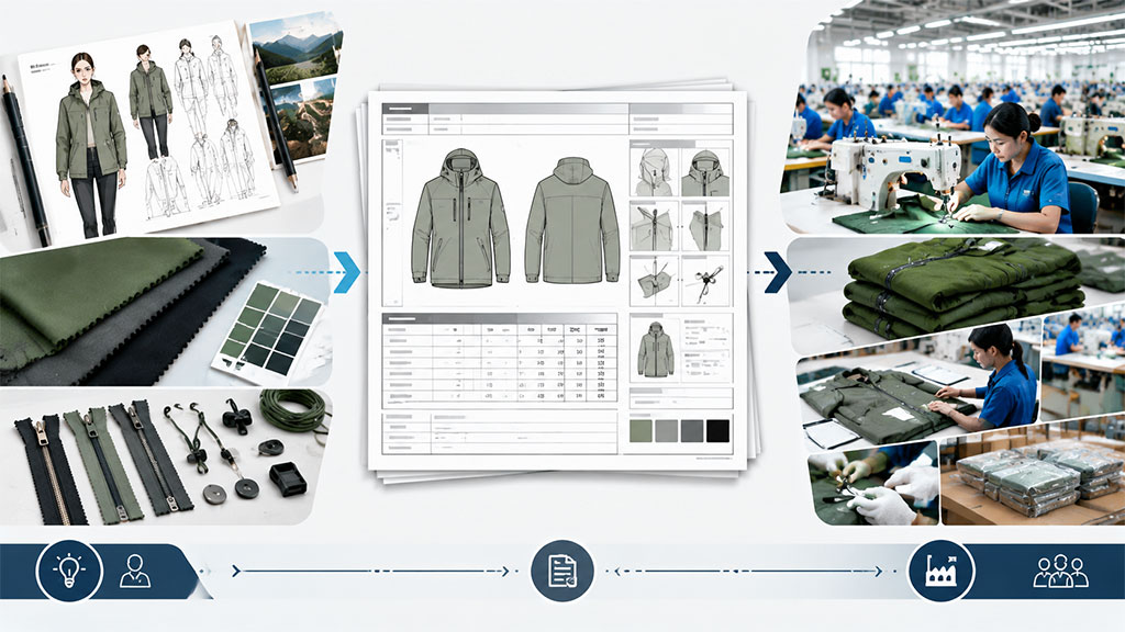 Tech pack and product specification development process including fashion sketches, fabric selection, CAD technical drawings, and garment manufacturing.