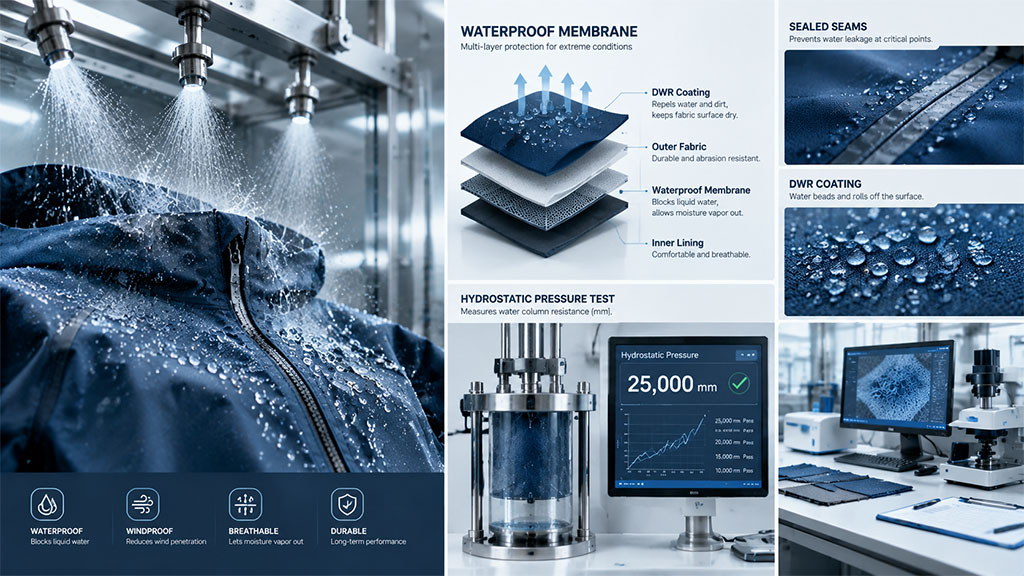 Verify extreme weather protection with rigorous testing. We validate DWR coatings, sealed seams, and achieve high hydrostatic pressure ratings (e.g., 25,000mm) for total waterproofing.