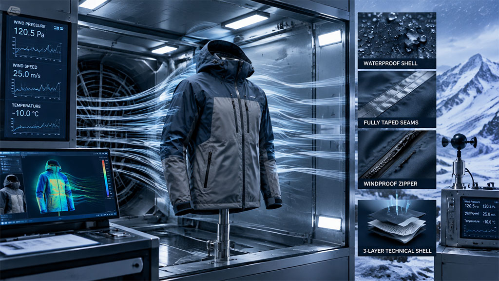 Simulating extreme winds (25.0 m/s) and freezing temperatures (-10.0 °C). We test wind resistance to guarantee reliable cold-weather protection and warmth.