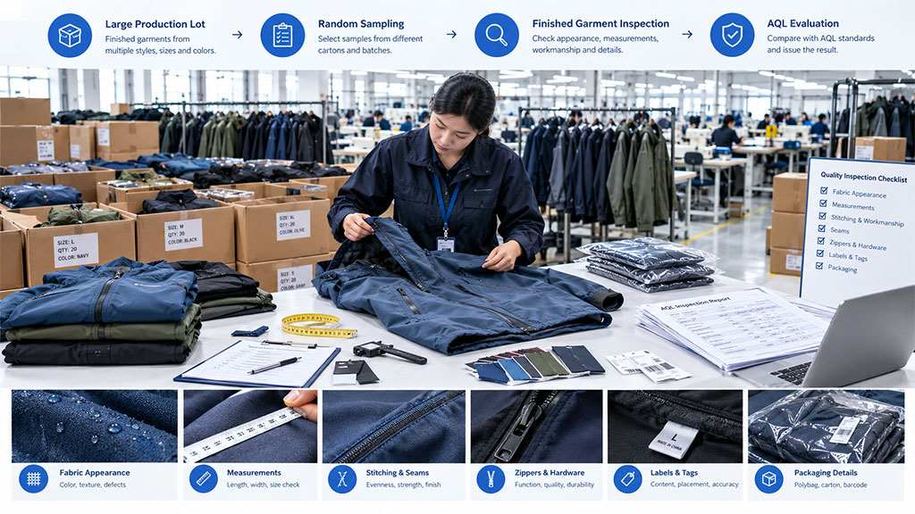 An infographic illustrating the AQL inspection workflow in apparel manufacturing, moving from large production lots to random sampling and final evaluation. A QC inspector is shown checking a jacket's workmanship, surrounded by essential tools like measuring tapes and color swatches. The bottom panel details specific inspection criteria including fabric appearance, measurements, stitching, zippers, labels, and packaging compliance.