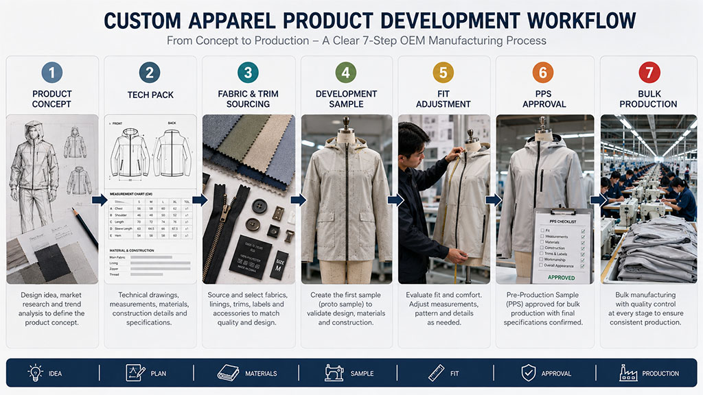 Breakdown of the 7-step custom apparel development workflow, from concept and tech packs to bulk production. Understanding these rigorous stages explains why quality OEM manufacturing takes time but ensures a perfect final product.